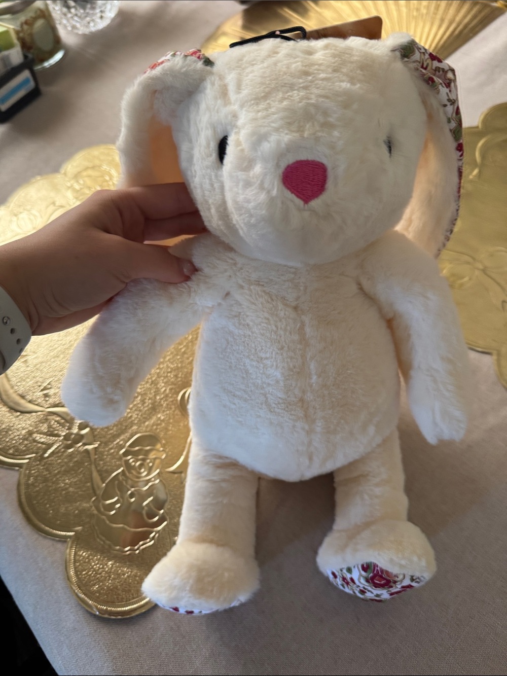 Cream Plush Bunny with Floral Accents and Pink Nose